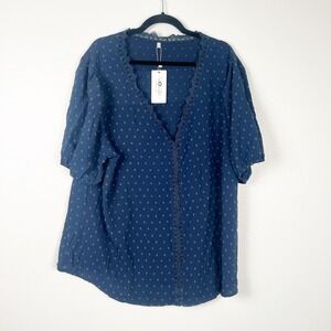 Rosriss Women's Swiss Dot V Neck Blouse‎ Blue Sz 4XL